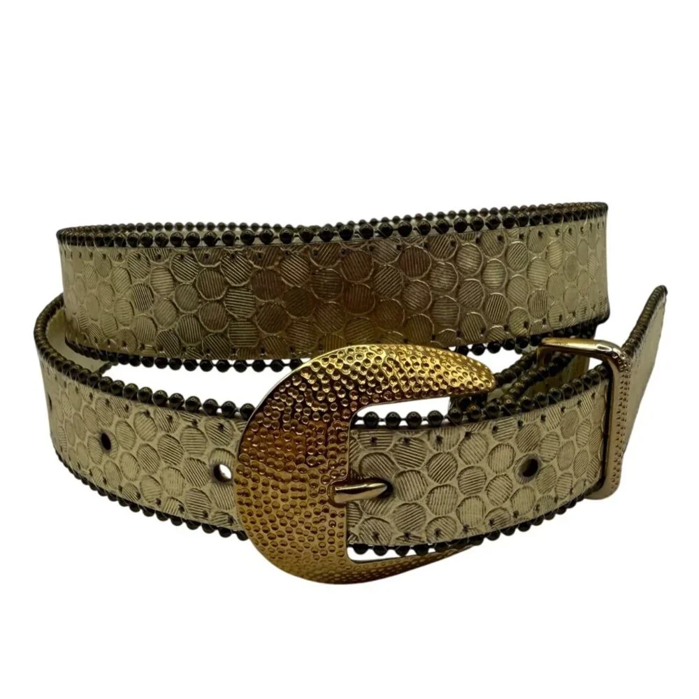 Gold Textured Belt Hammered Buckle Small Studded Edge Statement Belt Shiny Disco